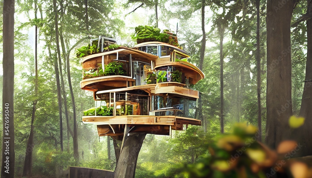 Spectacular concept art of environmental friendly modern treehouse with