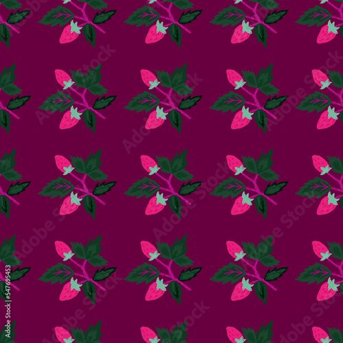 Freehand wild strawberry branch seamless pattern. Hand drawn wild berries floral wallpaper. Strawberry plant endless backdrop.