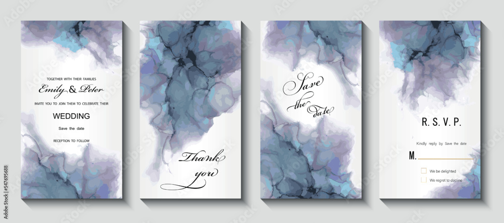 Modern creative design,  background marble texture. Wedding invitation.  Alcohol ink. Vector illustration.