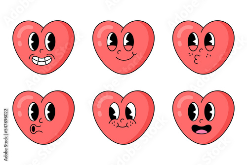 Set of retro facial expressions. Heart character with different emotions old cartoon style. Cute emoji vector set.