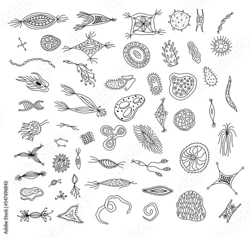 Black linear medical set with cute doodle bacteria, microbes, and molecules for cover pills, medicine labels and drug package