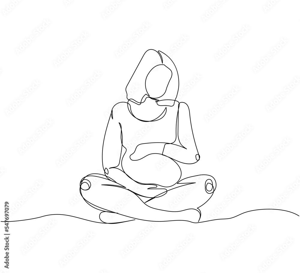 Pregnant woman sitting in lotus position one line art. Continuous line drawing of pregnancy, sports, motherhood, fitness, preparation for childbirth, yoga for pregnant women.