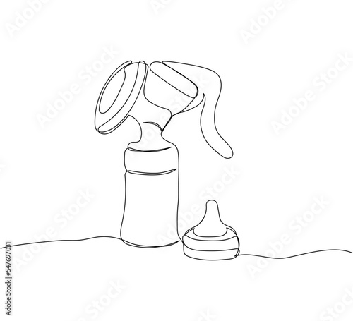 Breast pump with pacifier one line art. Continuous line drawing of milk, feeding, baby, newborn, child, baby food, breast milk, natural feeding.