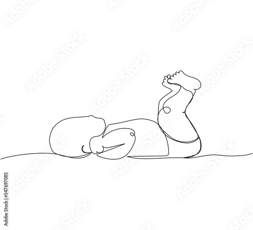 The newborn lies and waves its legs one line art. Continuous line drawing of child, childhood, newborn, new life, son, daughter, silhouette, motherhood, baby.