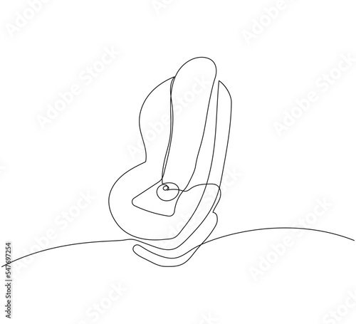 Child car seat for school children one line art. Continuous line drawing of childhood, safety, protection, car, transportation, personal, children.