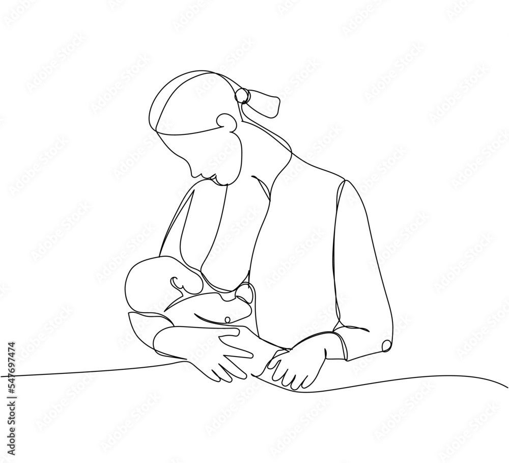 Mom breastfeeds a newborn one line art. Continuous line drawing of