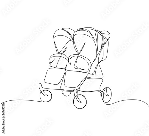 Modern baby double stroller one line art. Continuous line drawing of childhood, safety, protection, transportation, personal, classic style, for winter.