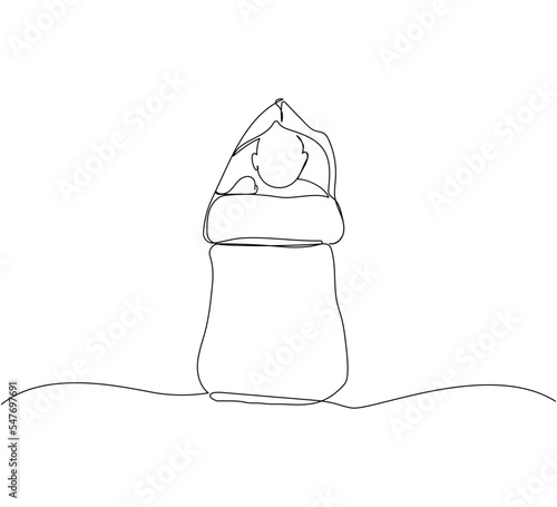 Newborn lies in a sleeping bag, nest bag one line art. Continuous line drawing of child, childhood, newborn, new life, son, daughter, motherhood, baby, swaddling, baby sleep, safety.