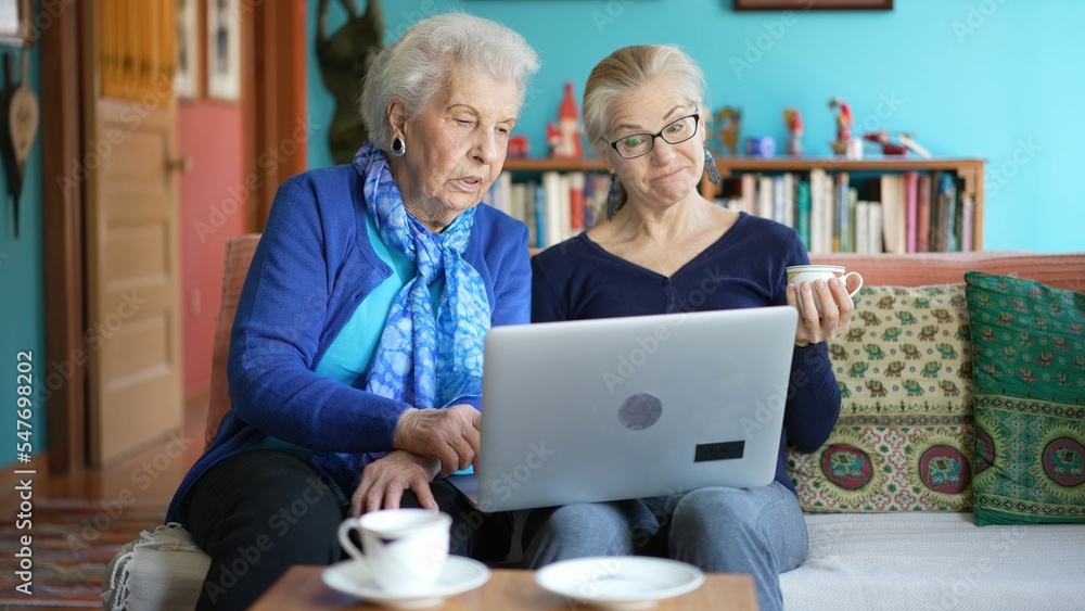 Front view of elderly mother and mature woman sitting on the sofa and shopping online on a laptop computer.