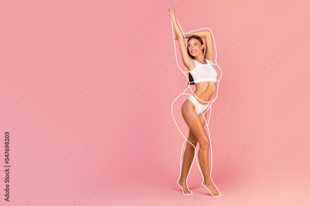 © Prostock-studio - Weight Loss. Slim Beautiful Woman In Underwear With Drawn Outlines Around Body