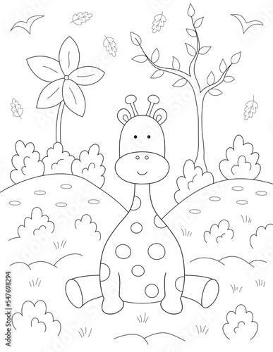 Photography baby giraffe and nature coloring page for kids