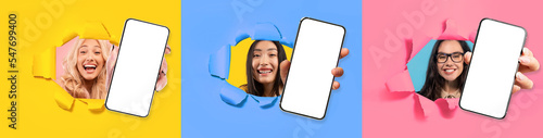 Multicultural young ladies posing in torns, showing smartphones, mockup, collage photo