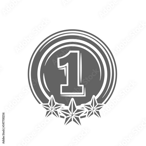 First place medal glyph icon vector illustration. Silhouette of round medallion with number 1 and stars inside, 1st rank certificate, badge of circle shape, medal emblem for victory of winner