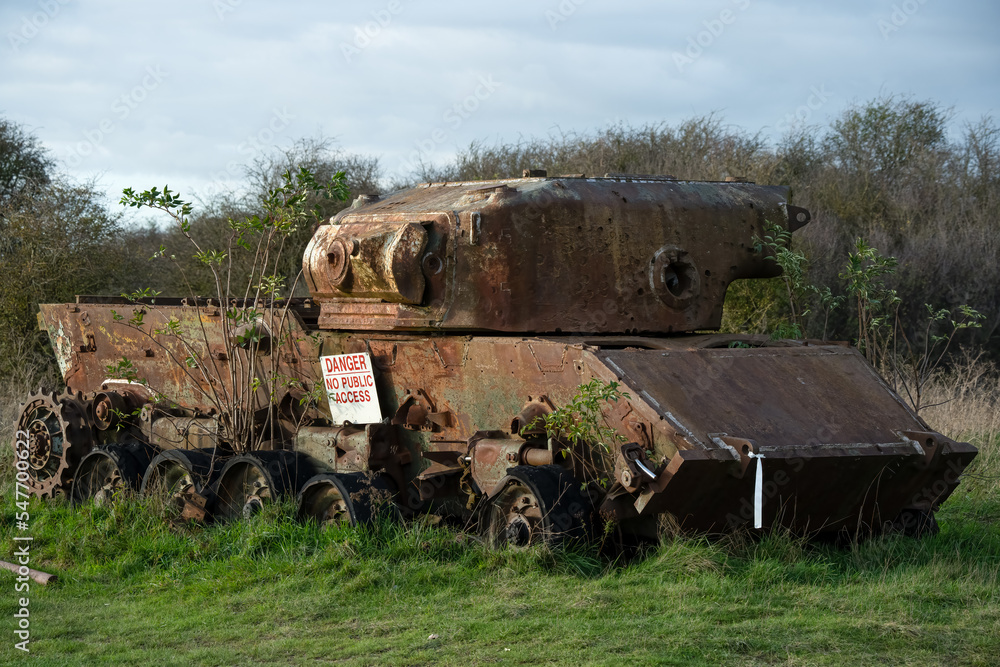 rust covered Gunless carcass of an abandoned vintage British army Centurion main battle tank