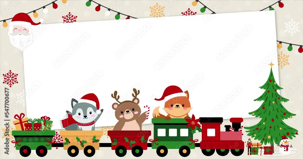 Cute baby animals on a rolling train dressed up for Christmas with rectangular frame, wolf, bear and fox. Template, banner for baby shower, christmas, mailing, invitation, greeting cards… Cute baby animals on a rolling train dressed up for Christmas with rectangular frame, wolf, bear and fox. Template, banner for baby shower, christmas, mailing, invitation, greeting cards…