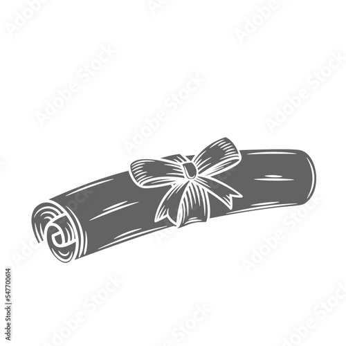 Certificate roll glyph icon vector illustration. Silhouette of rolled paper graduation diploma scroll with ribbon and bow, graduate merit award on celebration event, roll sheet of old document