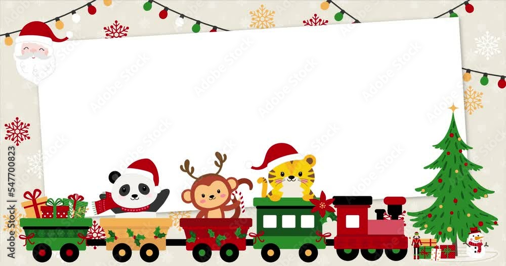 Cute baby animals on a rolling train dressed up for Christmas with rectangular frame, panda, monkey and tiger. Template, banner for baby shower, christmas, mailing, invitation, greeting cards… Cute baby animals on a rolling train dressed up for Christmas with rectangular frame, panda, monkey and tiger. Template, banner for baby shower, christmas, mailing, invitation, greeting cards…