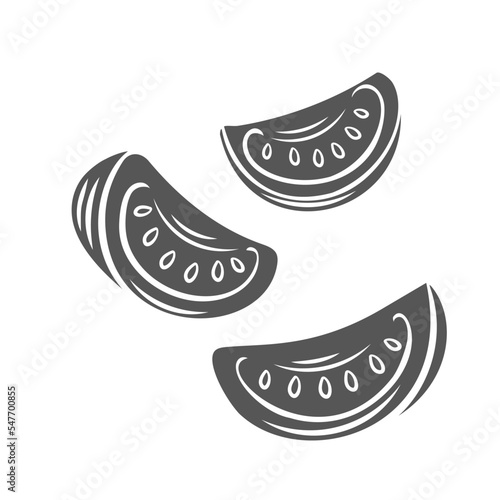 Tomato slices glyph icon vector illustration. Silhouette of fresh chopped tomato wedges fly in air, ripe vegetable cut into pieces and sections for cooking vegetarian dishes, organic vitamin salad