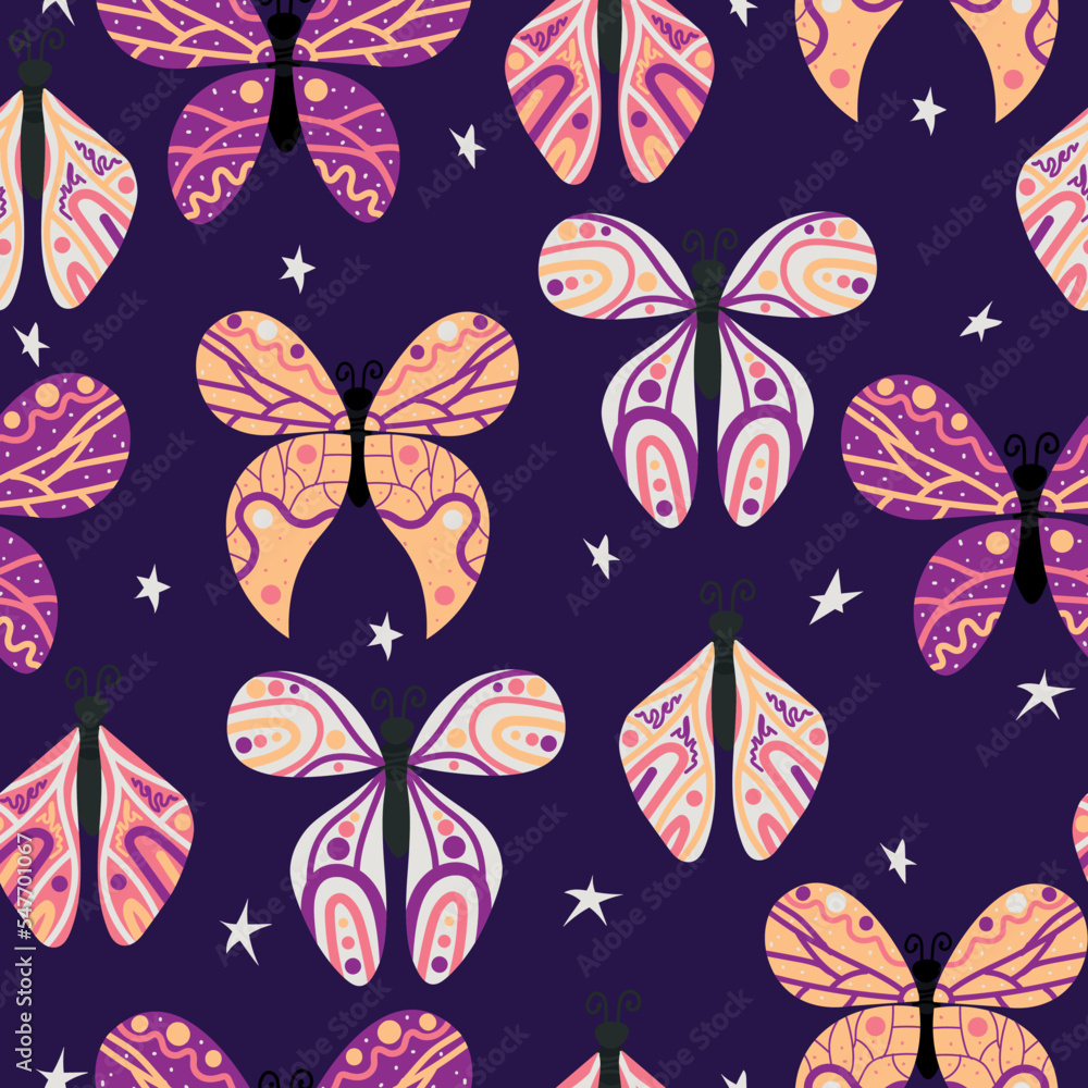 Vector seamless pattern with bright butterflies on a dark background with stars. Dark purple background. Butterflies of different types and sizes drawn by hand. Vector seamless pattern with bright butterflies on a dark background with stars. Dark purple background. Butterflies of different types and sizes drawn by hand.
