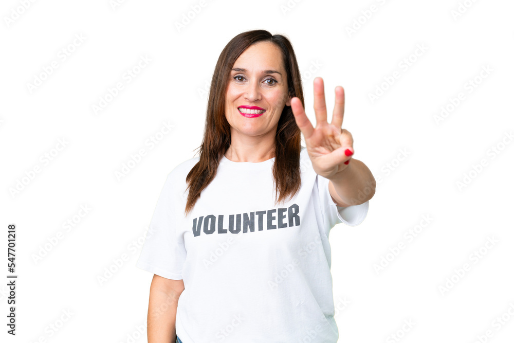 Middle age volunteer woman over isolated chroma key background happy and counting three with fingers Middle age volunteer woman over isolated chroma key background happy and counting three with fingers