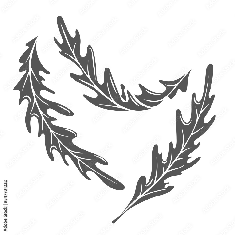 Arugula leaves glyph icon vector illustration. Silhouette of flying leaf vegetables, flight of natural rucola food ingredient and organic herb for eating, arugula for cooking healthy vitamin salad