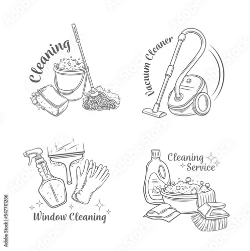 Cleaning service line icons set vector illustration. Hand drawn outline equipment and tools of maid, detergent spray bottle for window washing, hygiene and landry, home cleaning from dust and dirt