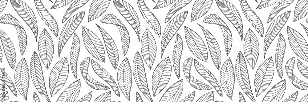 Leaf seamless pattern vector illustration. Hand drawn outline spring and summer leaves of plants and foliage of trees with stripes, ornament decor of garden leaf and houseplant with striped texture