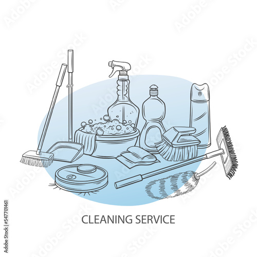Cleaning service, line design template vector illustration. Hand drawn outline supplies and equipment to clean home from dust garbage, brush and mop, laundry basin and cleaning detergent for hygiene