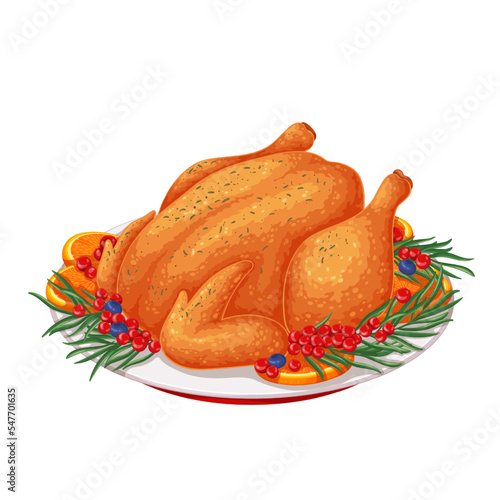 Baked Christmas turkey on plate vector illustration. Cartoon isolated cooked poultry roast with crust on tray, whole crispy roasted turkey or chicken dish for Xmas and Thanksgiving family dinner