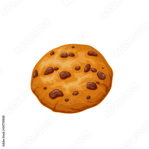 Christmas cookie vector illustration. Cartoon isolated homemade brown biscuit with chocolate chips, sweet cookie for eating on breakfast, traditional food gift and invitation of winter holidays
