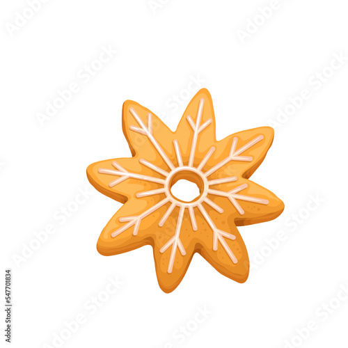 Christmas cookie vector illustration. Cartoon isolated biscuit with sugar icing, vanilla homemade cookie cracker of snowflake shape, shortbread with glaze for gift on winter holidays celebration