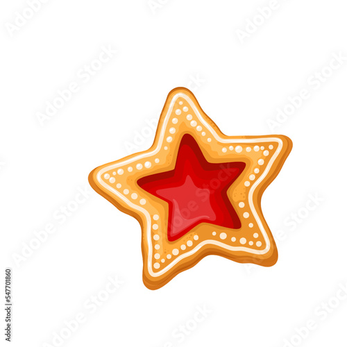 Christmas cookie vector illustration. Cartoon isolated cereal biscuit in shape of star, icing decoration and jelly jam or caramel filling, top view of sweet shortbread and cookie to eat on holidays