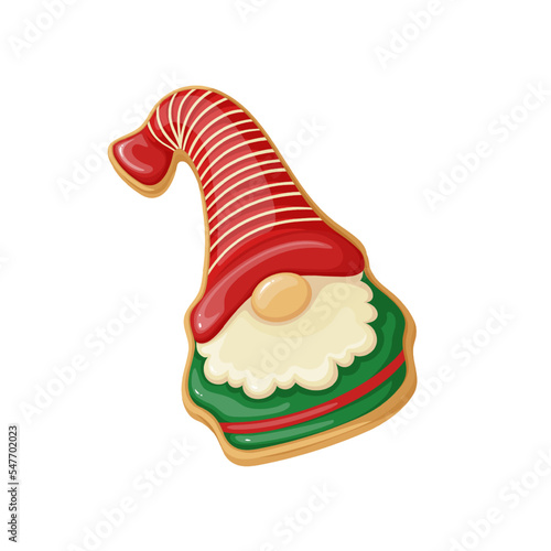Christmas gingerbread cookie vector illustration. Cartoon isolated Xmas cookie in shape of gnome with beard and red hat, ginger sweet shortbread and gift for kids in Christmas stocking