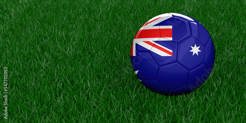 Australia National football with country flag pattern. Soccer tournament concept. Sports betting. Realistic 3D rendered grass background  copy space. Set of 26 images.