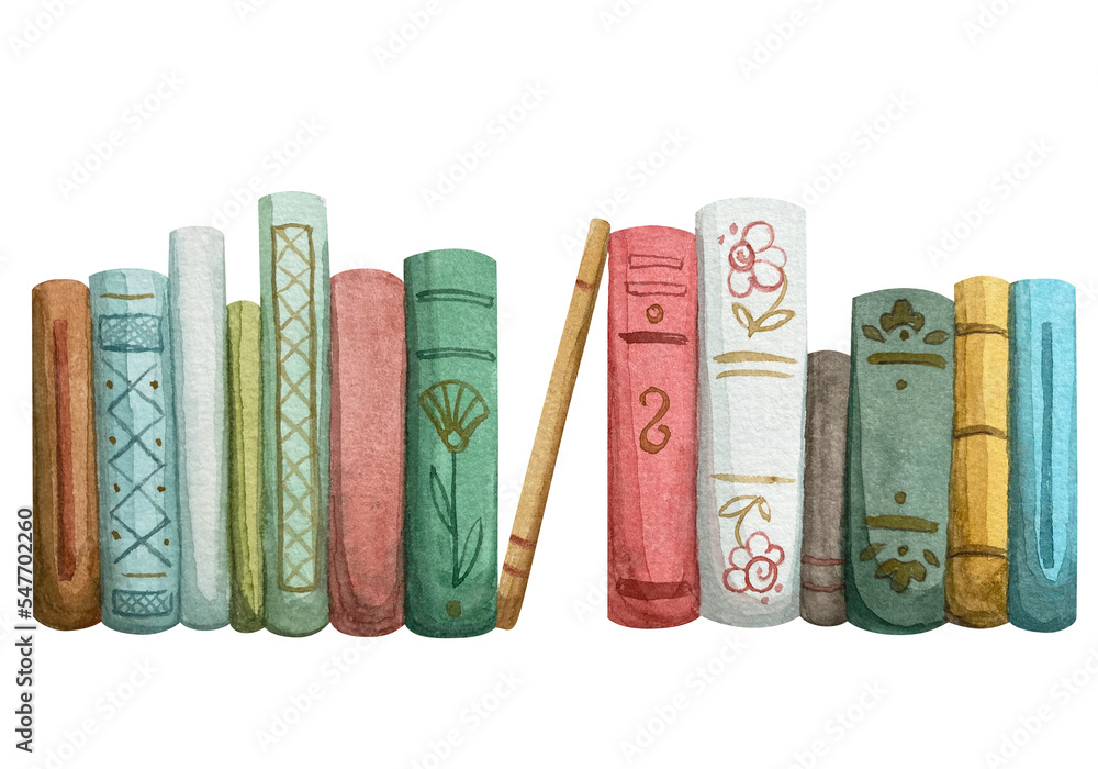 Bookshelf painted in watercolor. Isolated on a white background. - obrazy, fototapety, plakaty 