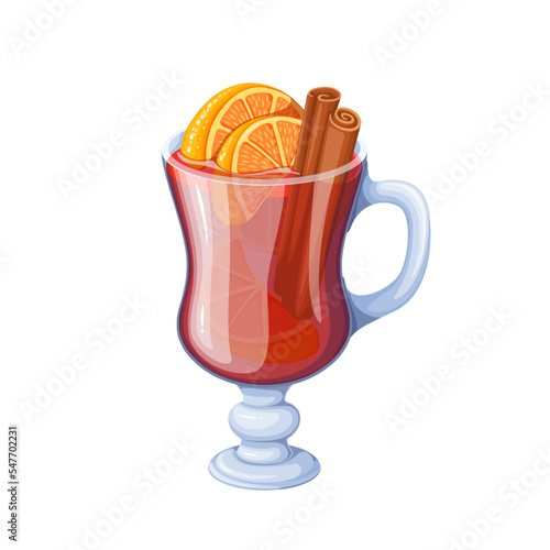 Mulled wine vector illustration. Cartoon isolated glass cup with handle, hot alcohol drink and spices, cinnamon sticks and orange slices, wine cocktail for Christmas season in cafe or bar menu