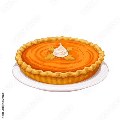 Pumpkin pie vector illustration. Cartoon isolated whole sweet cake with orange pumpkin custard filling, whipped cream and shortbread crust, homemade baked dessert and symbol of autumn harvest