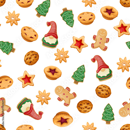 Christmas cookies set in seamless pattern vector illustration. Cartoon isolated cute gingerbread and cake, Xmas mince pie and cookies in Christmas tree, star and man shape, childish gifts in ornament
