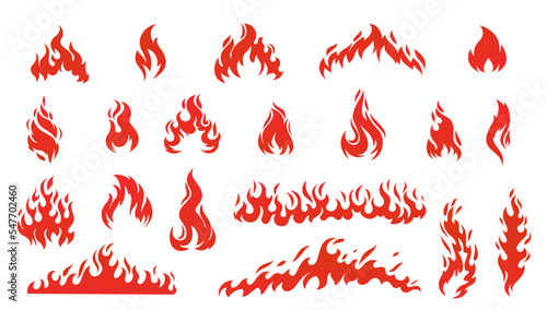 Red flames icons set vector illustration. Silhouette of hot flame fire and abstract tribal bonfire, symbol of flammable fuel and gas and oil danger, heat of burning fireball and fiery devil hell