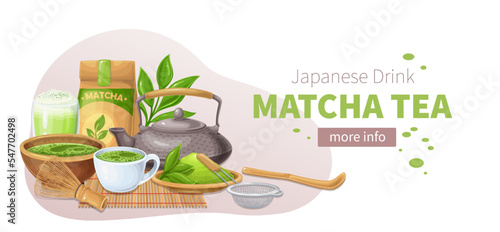 Matcha tea set, banner design template vector illustration. Cartoon Asian tea ceremony tools and elements, paper packaging, teapot and plate with green powder, cup of Japanese drink on bamboo mat