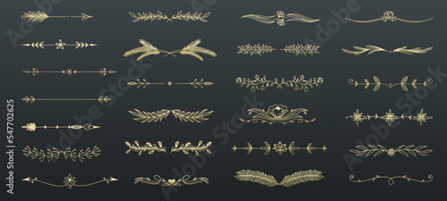 Flourish dividers line icons set vector illustration. Hand drawn outline gold ornament of leaf vine, arrows and floral frames, divider decor for wedding invitation, greeting card and vintage menu