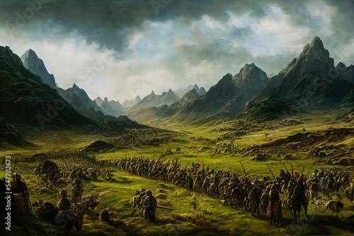 Fotografie, Obraz Tired medieval Viking army crossing a tough terrain landscape in the aftermath of war