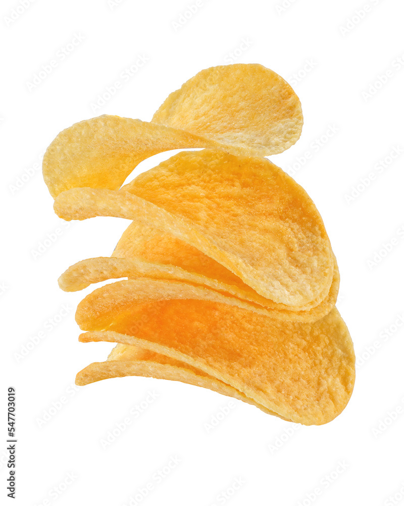 Flying potato chips stack isolated on white. Flying potato chips stack isolated on white.