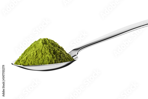 Teaspoon with green matcha tea powder isolated on white.