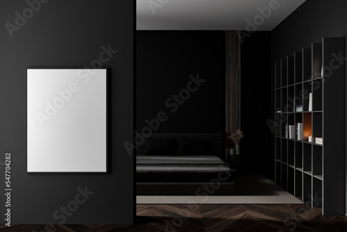 Dark bedroom interior with bed, empty white poster © ImageFlow