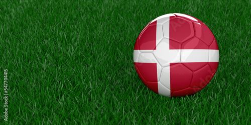 Denmark National football with country flag pattern. Soccer tournament concept. Sports betting. Realistic 3D rendered grass background, copy space. Set of 26 images.