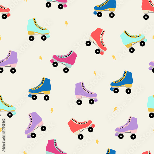 Seamless pattern with different color roller skates. Cute repeated texture with roller skates, lightning. Vintage texture wrapping paper, fabric. Retro hand drawn vector illustration