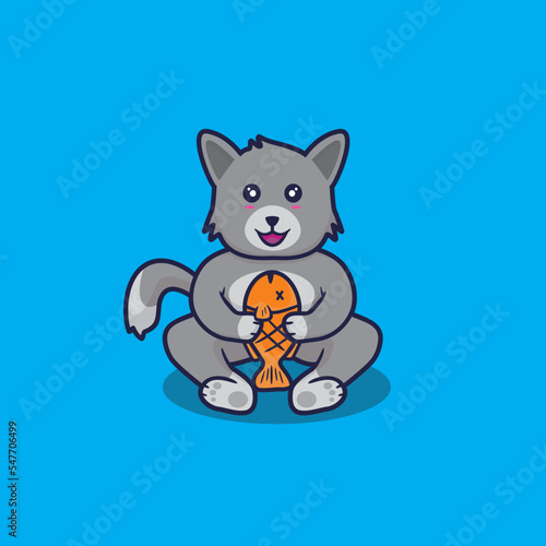 vector illustration of cute cat eating fish  with cartoon style  .suitable as a sticker  t-shirt design  etc