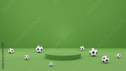 Football soccer ball 3D render design. Round platform on Green background for product showcase or Social Media Banner.