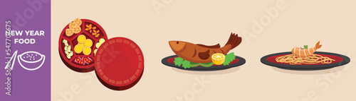 Candy Box for storing candy and other edible goods, Fish and shrimp. New year food concept. Flat vector illustrations isolated. 